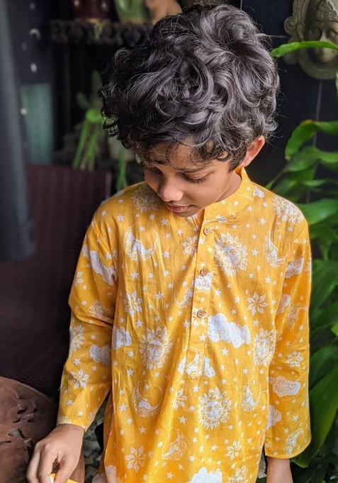 Yellow Printed Cotton Kurta Set For Boys