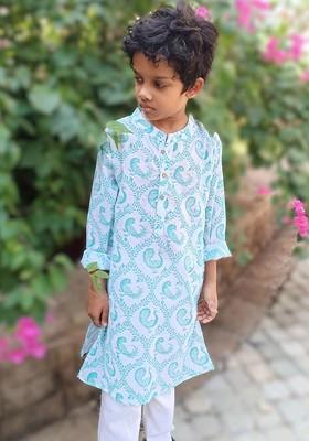 Blue Printed Cotton Kurta Set For Boys