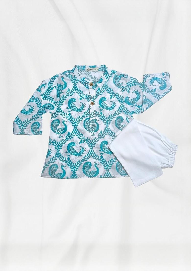 Blue Printed Cotton Kurta Set For Boys - Indya