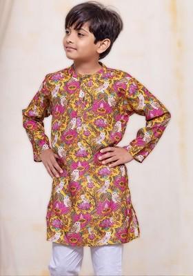 Yellow Printed Blended Kurta Set For Boys