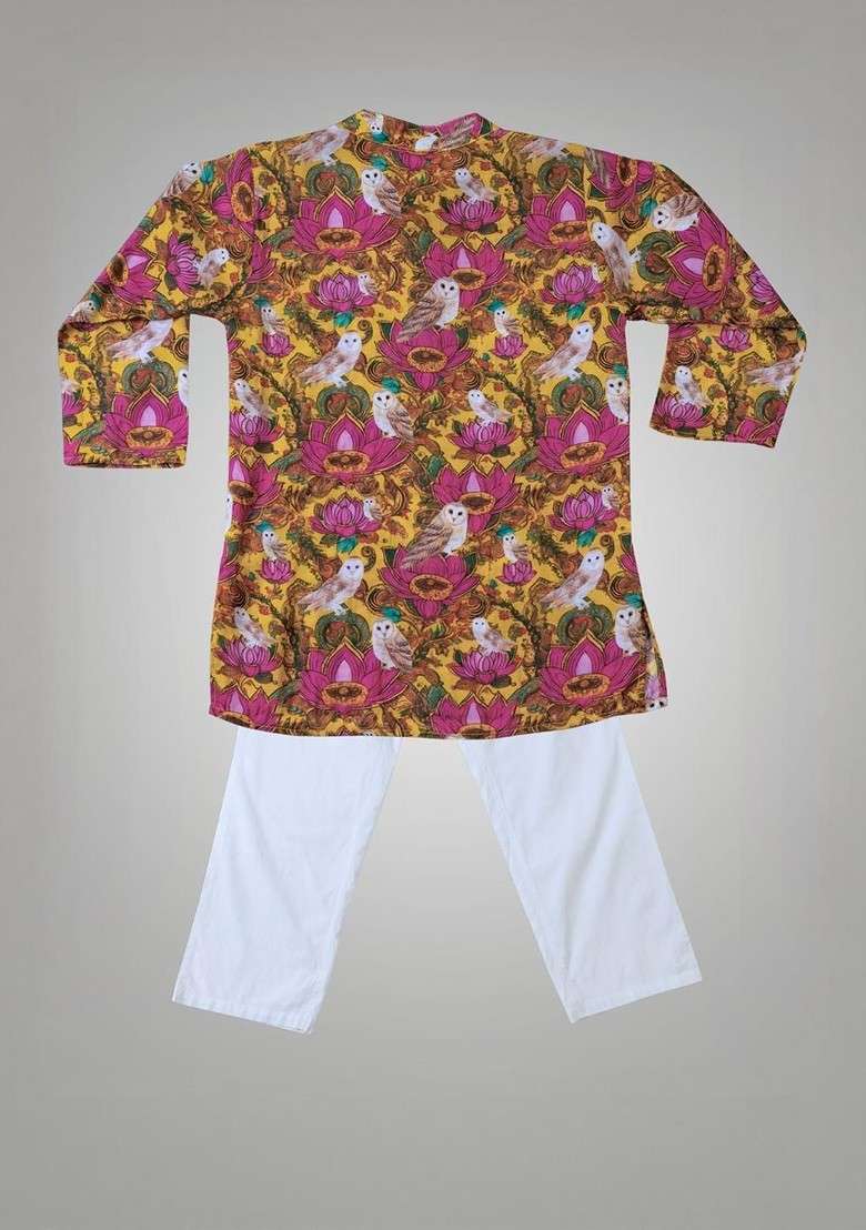 Yellow Printed Blended Kurta Set For Boys - Indya