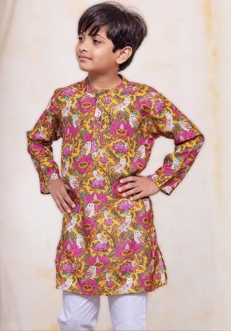 Yellow Printed Blended Kurta Set For Boys