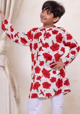 Red Printed Blended Kurta Set For Boys