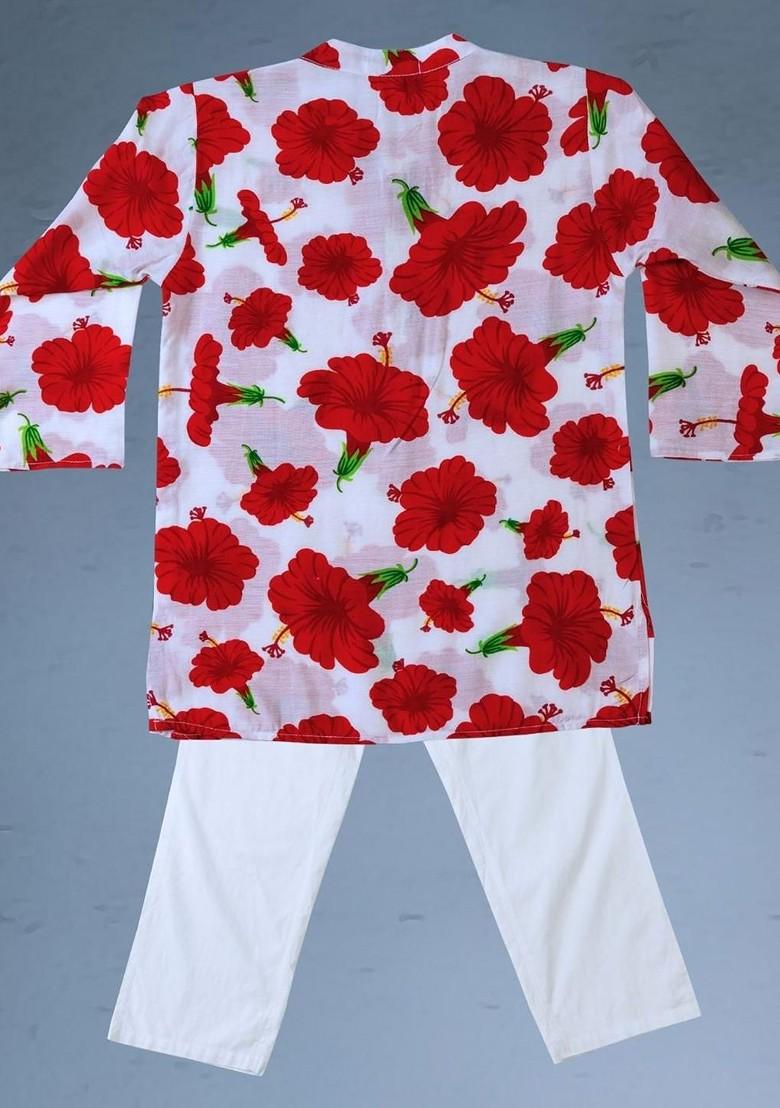 Red Printed Blended Kurta Set For Boys - Indya