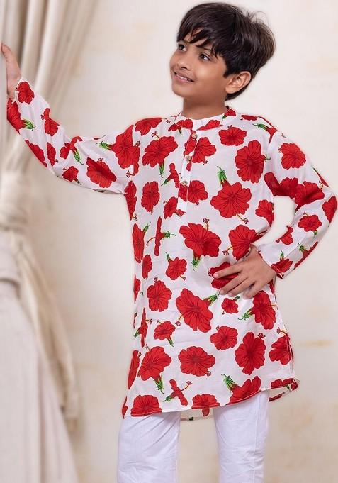 Red Printed Blended Kurta Set For Boys — view on Indya