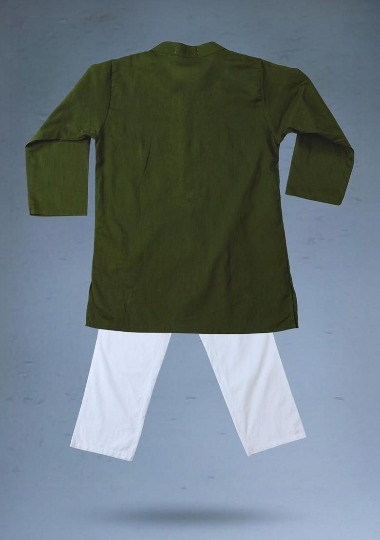 Olive Embroidered Cotton Kurta Set For Boys - Indya