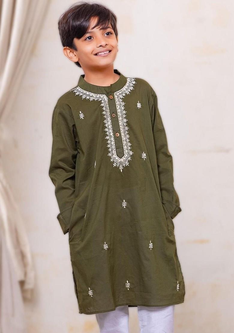 Olive Embroidered Cotton Kurta Set For Boys - Indya