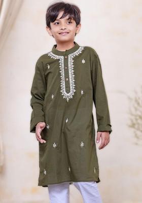 Olive Embroidered Cotton Kurta Set For Boys
