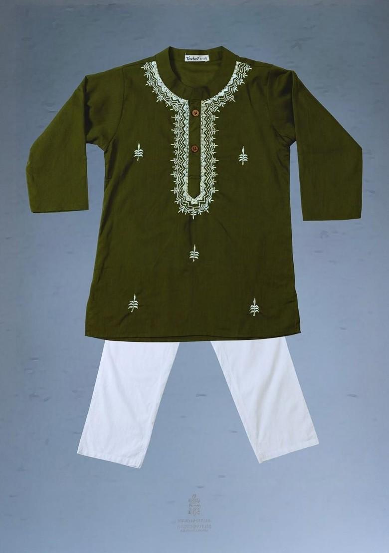 Olive Embroidered Cotton Kurta Set For Boys - Indya