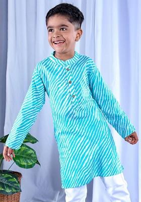 Blue Printed Cotton Kurta Set For Boys