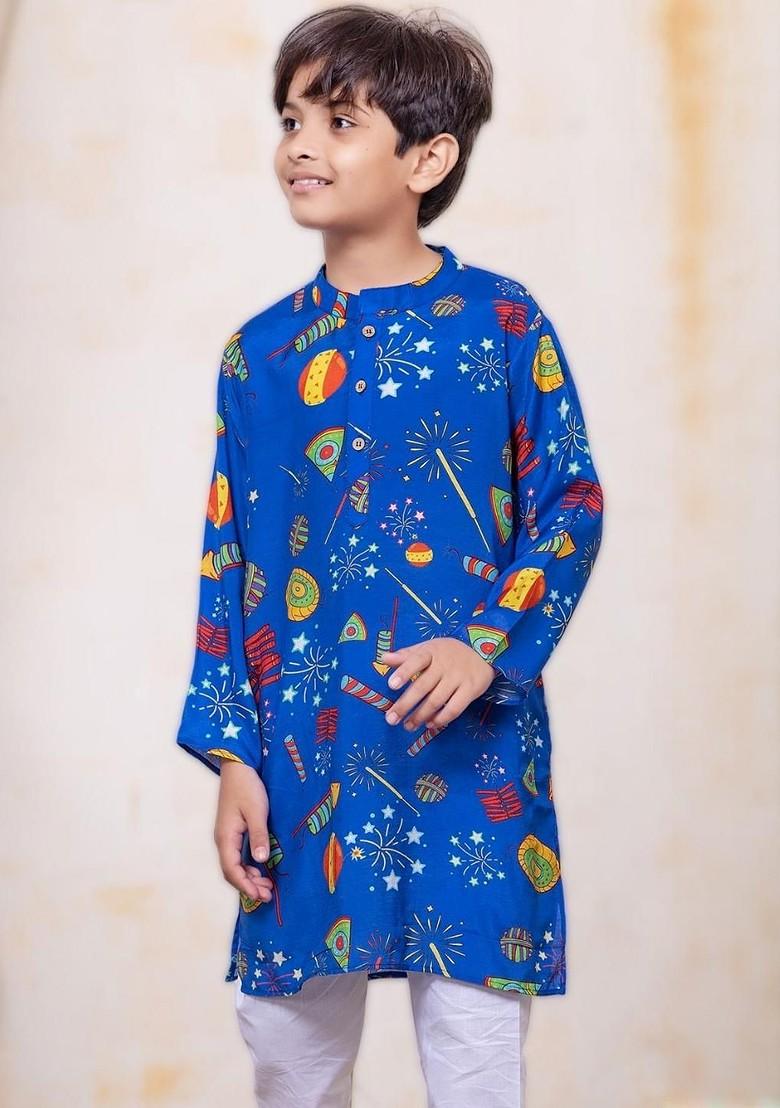 Blue Printed Blended Kurta Set For Boys - Indya