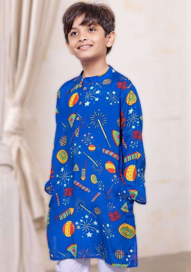 Blue Printed Blended Kurta Set For Boys - Indya