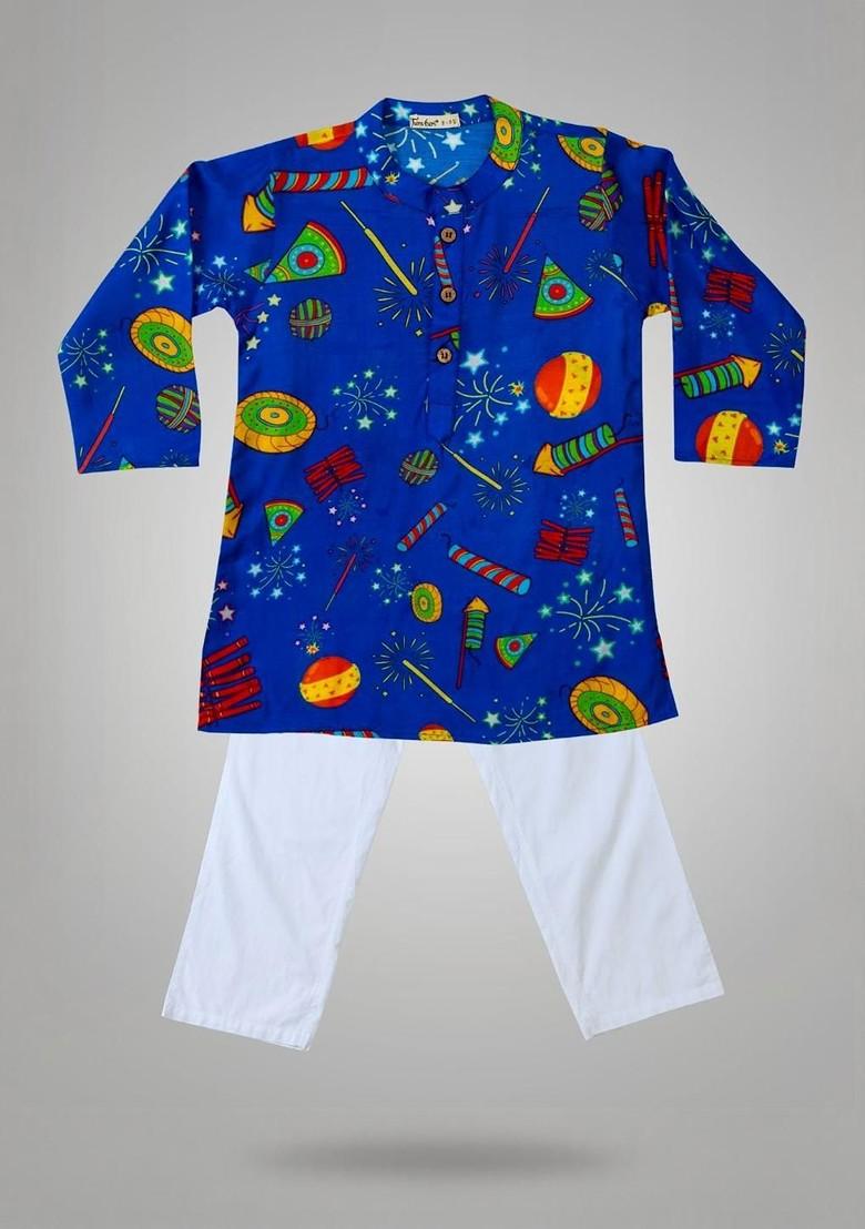 Blue Printed Blended Kurta Set For Boys - Indya