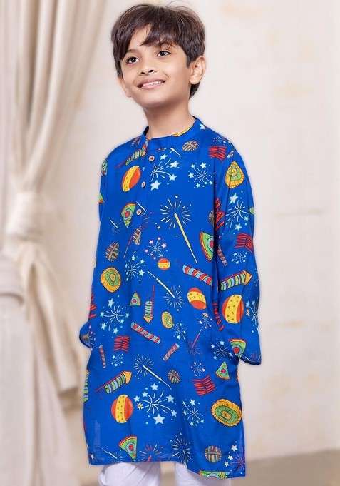 Blue Printed Blended Kurta Set For Boys