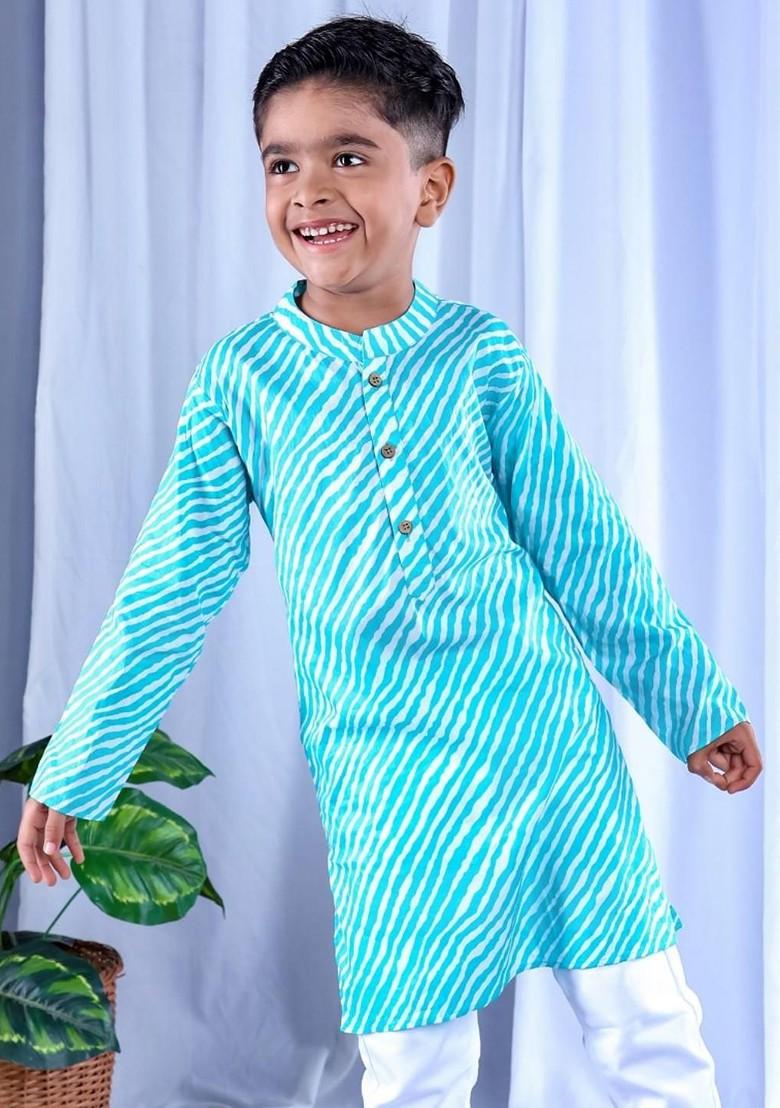 Blue Printed Cotton Kurta Set For Boys - Indya