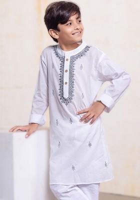 White Embroidered Blended Kurta Set For Boys
