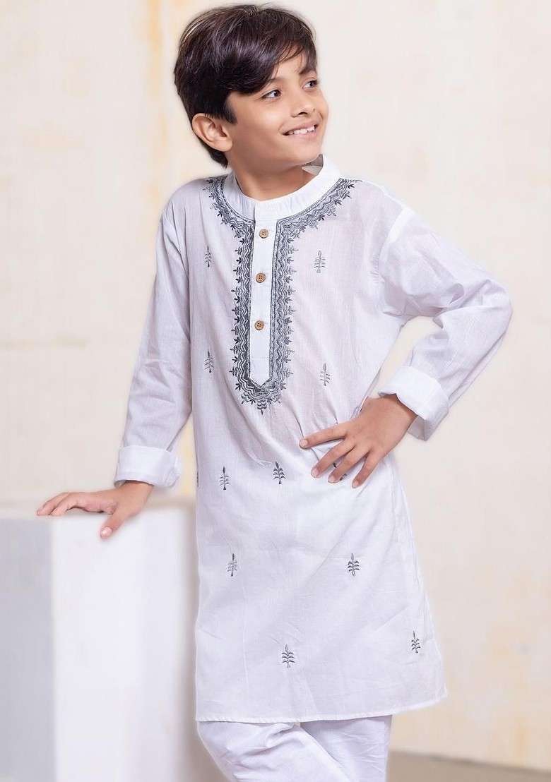 White Embroidered Blended Kurta Set For Boys - Indya