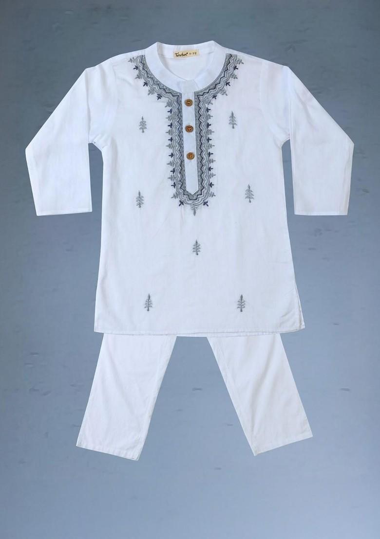 White Embroidered Blended Kurta Set For Boys - Indya
