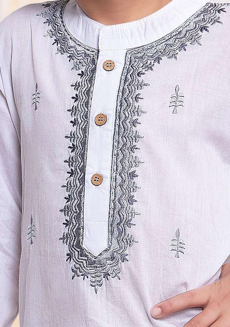 White Embroidered Blended Kurta Set For Boys - Indya
