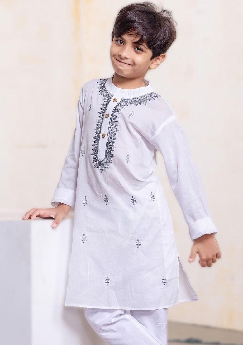 White Embroidered Blended Kurta Set For Boys - Indya