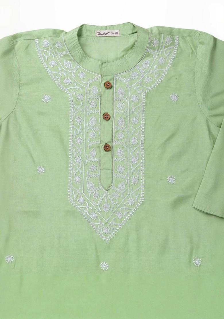 Green Embroidered Blended Kurta Set For Boys - Indya