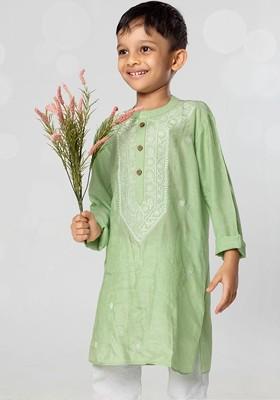 Green Embroidered Blended Kurta Set For Boys