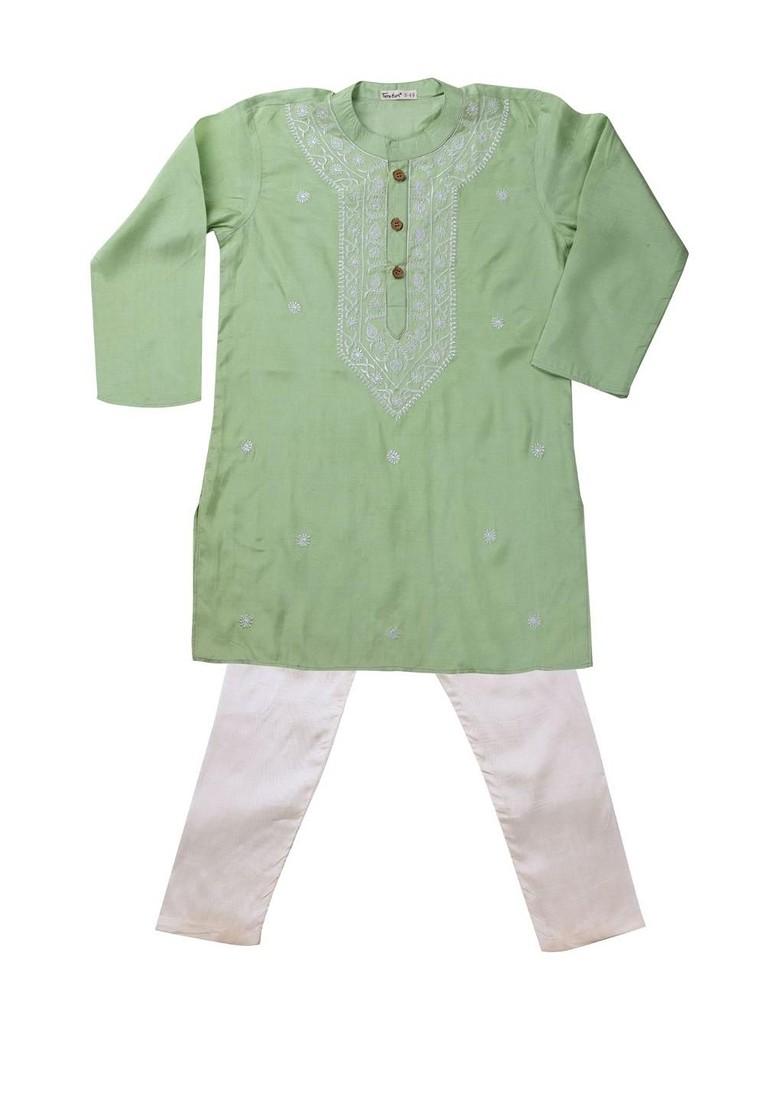 Green Embroidered Blended Kurta Set For Boys - Indya