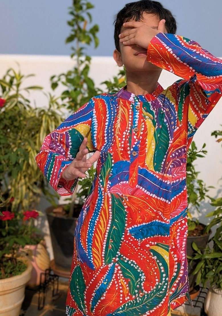 Multi Embroidered Blended Kurta Set For Boys - Indya