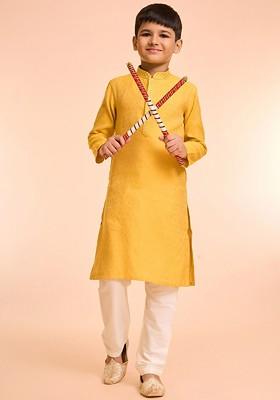 Yellow Embroidered Blended Kurta Set For Boys