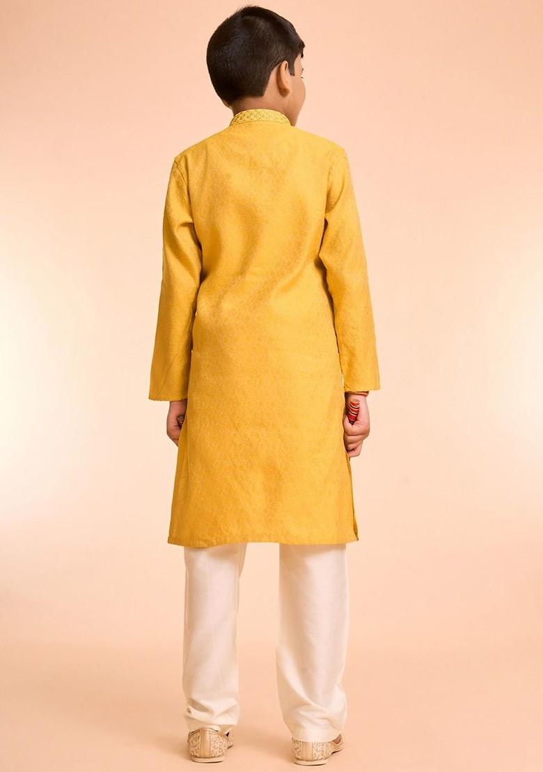 Yellow Embroidered Blended Kurta Set For Boys - Indya