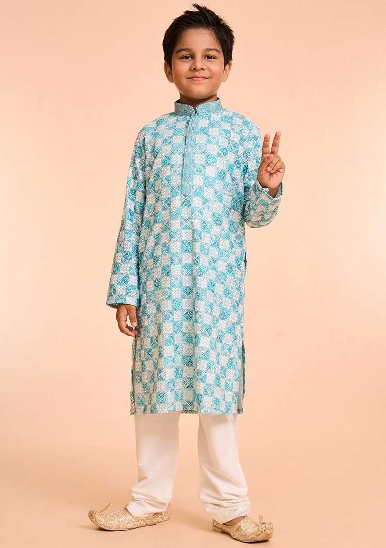 Blue Printed Blended Kurta Set For Boys - Indya