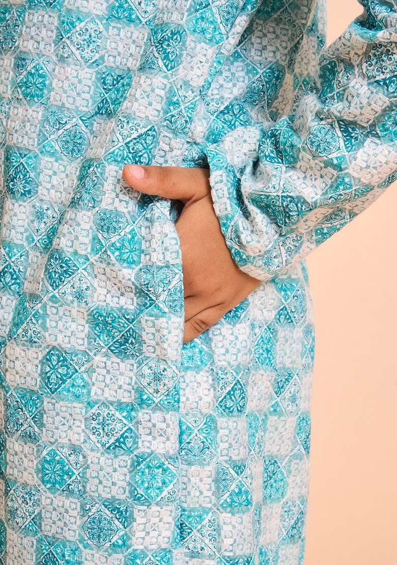 Blue Printed Blended Kurta Set For Boys - Indya