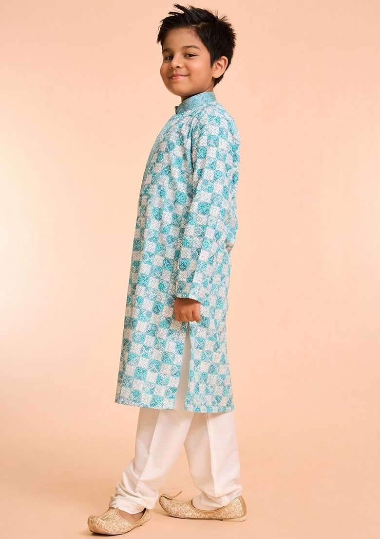Blue Printed Blended Kurta Set For Boys - Indya