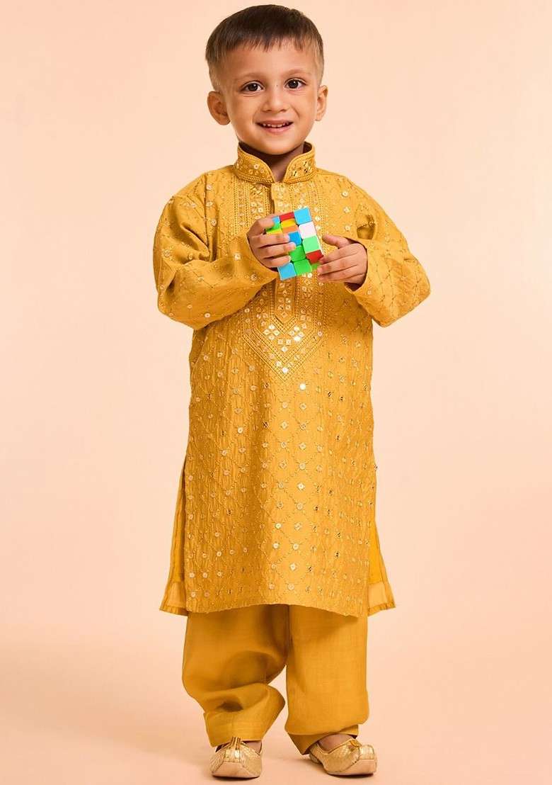 Orange Woven Design Blended Kurta Set For Boys - Indya
