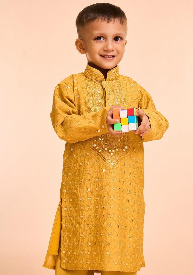 Orange Woven Design Blended Kurta Set For Boys - Indya