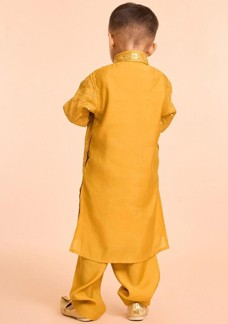 Orange Woven Design Blended Kurta Set For Boys - Indya
