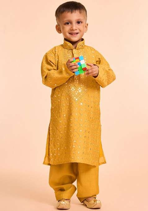 Orange Woven Design Blended Kurta Set For Boys