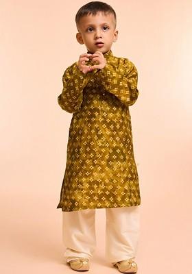 Green Printed Blended Nehru Jacket Set For Boys