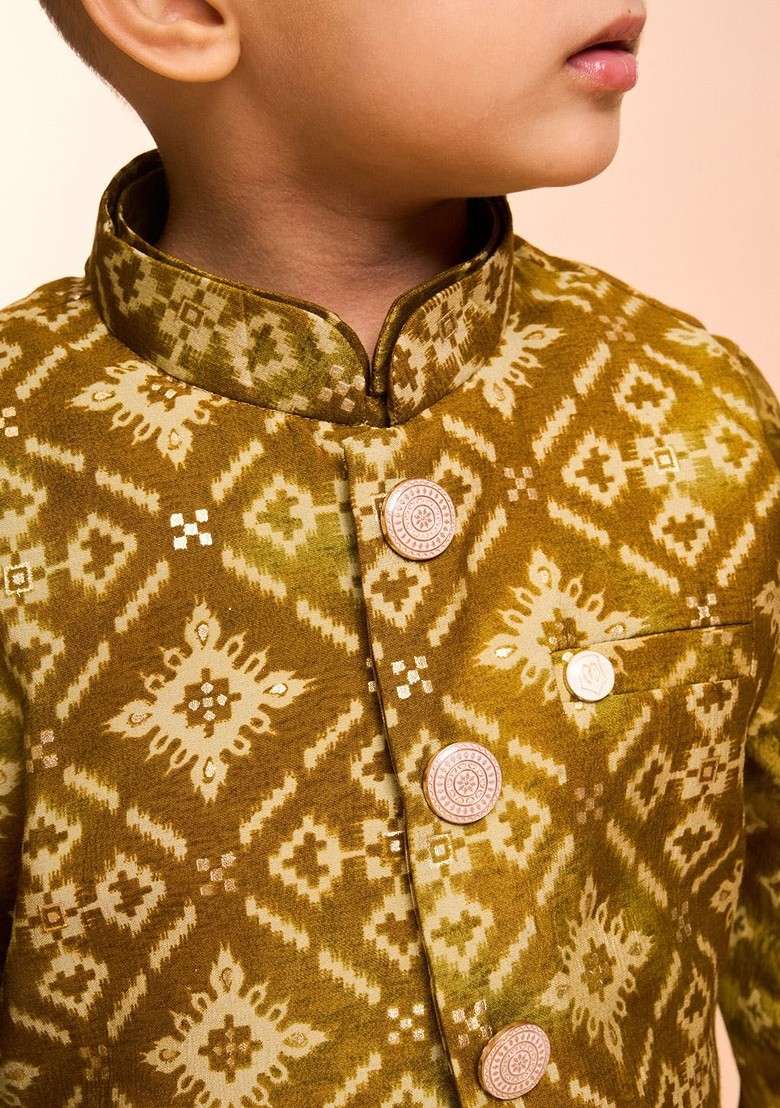 Green Printed Blended Nehru Jacket Set For Boys - Indya