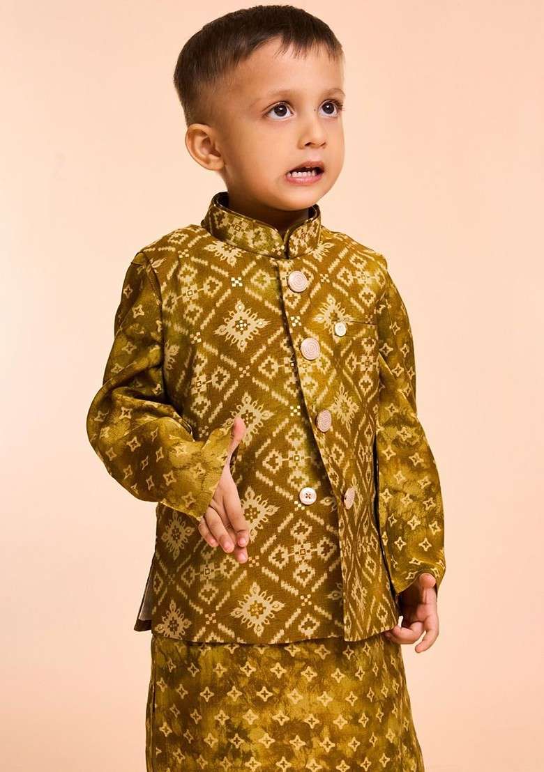 Green Printed Blended Nehru Jacket Set For Boys - Indya