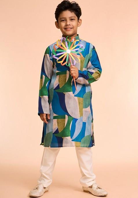 Green Printed Blended Kurta Set For Boys — view on Indya