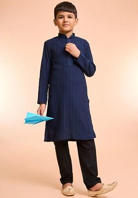 Navy Blue Embroidered Blended Kurta Set For Boys