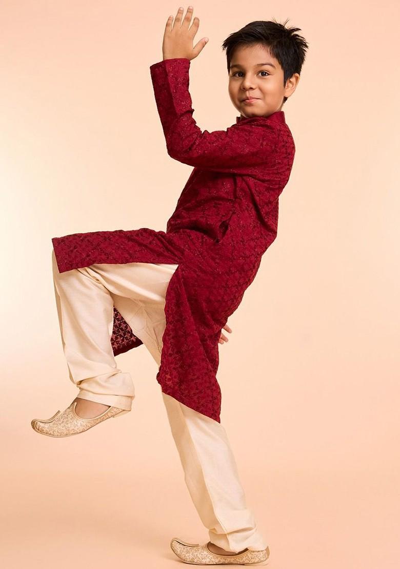 Red Embroidered Blended Kurta Set For Boys - Indya