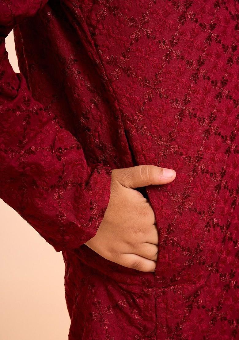 Red Embroidered Blended Kurta Set For Boys - Indya