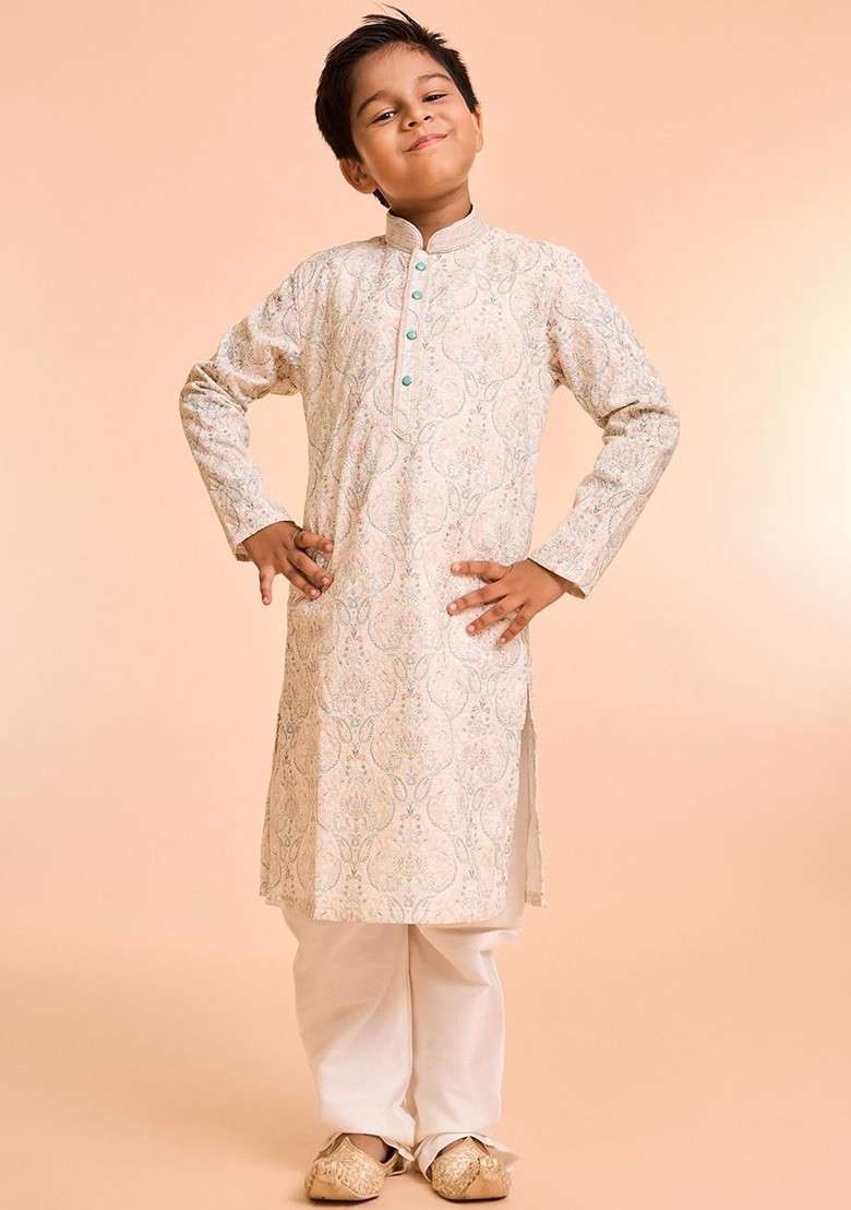 Cream Printed Blended Kurta Set For Boys - Indya