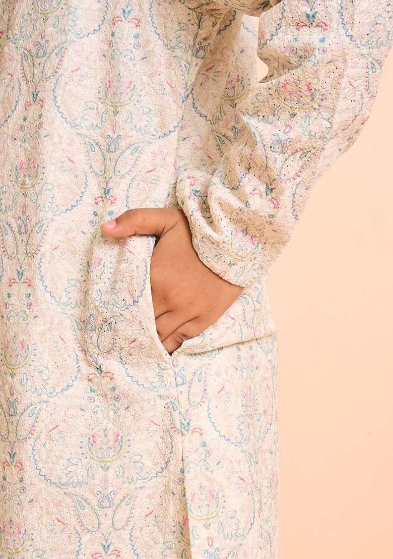 Cream Printed Blended Kurta Set For Boys - Indya
