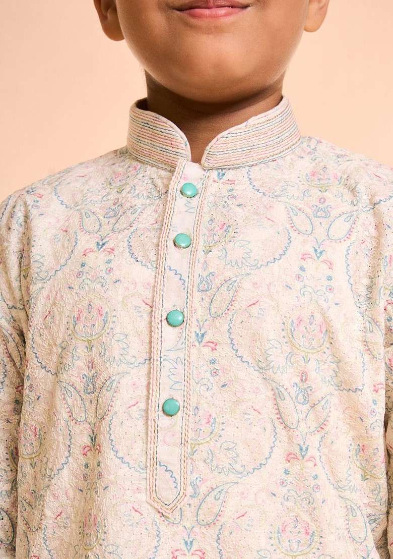 Cream Printed Blended Kurta Set For Boys - Indya