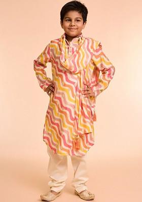 Cream Printed Blended Kurta Set For Boys
