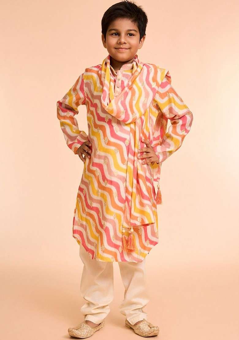 Cream Printed Blended Kurta Set For Boys - Indya