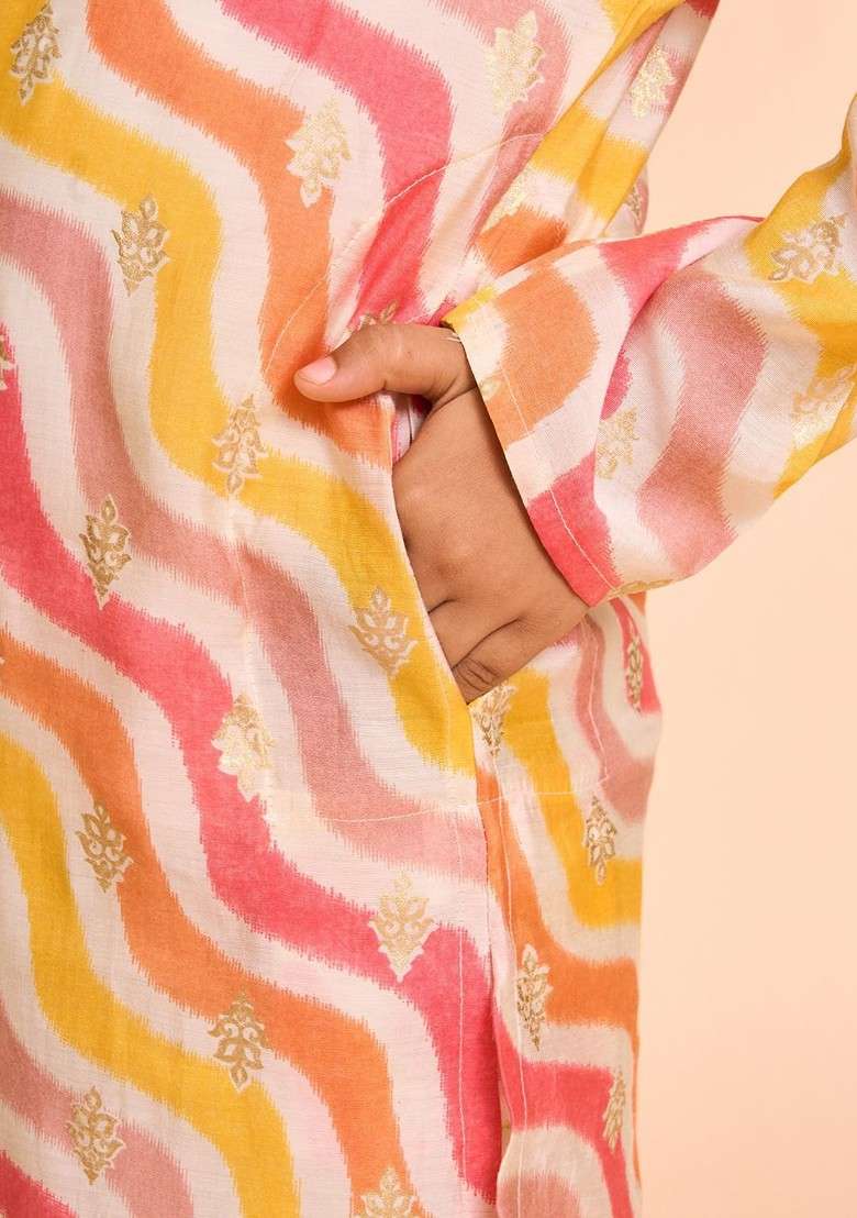 Cream Printed Blended Kurta Set For Boys - Indya